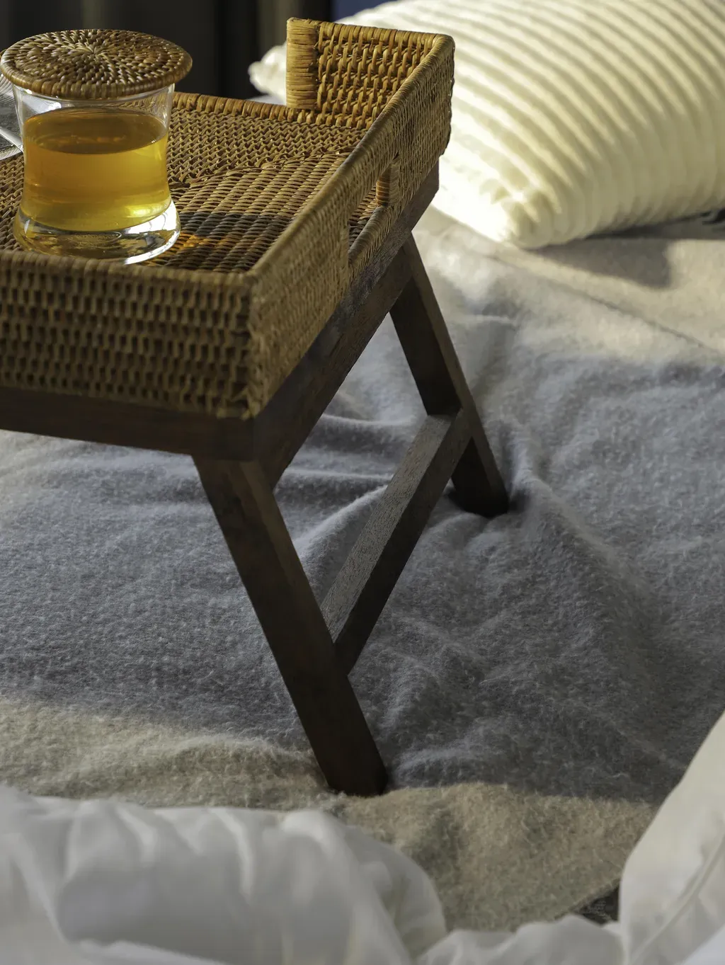 Close-up of hand-woven rattan on the breakfast tray
